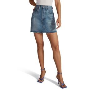 Favorite Daughter 'The Sadie' Blue Raw Hem High Waist A-Line Denim Mini Skirt